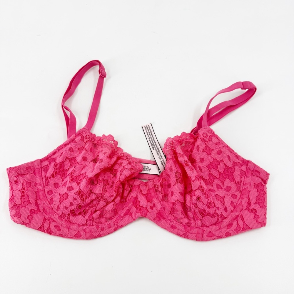 ✅ Victoria's Secret‎ Fuchsia Lace UNLINED DEMI Bra WITH UNDERWIRE SIZE 34C